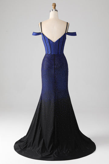 Vestido de fiesta largo corsé azul marino brillante con abertura